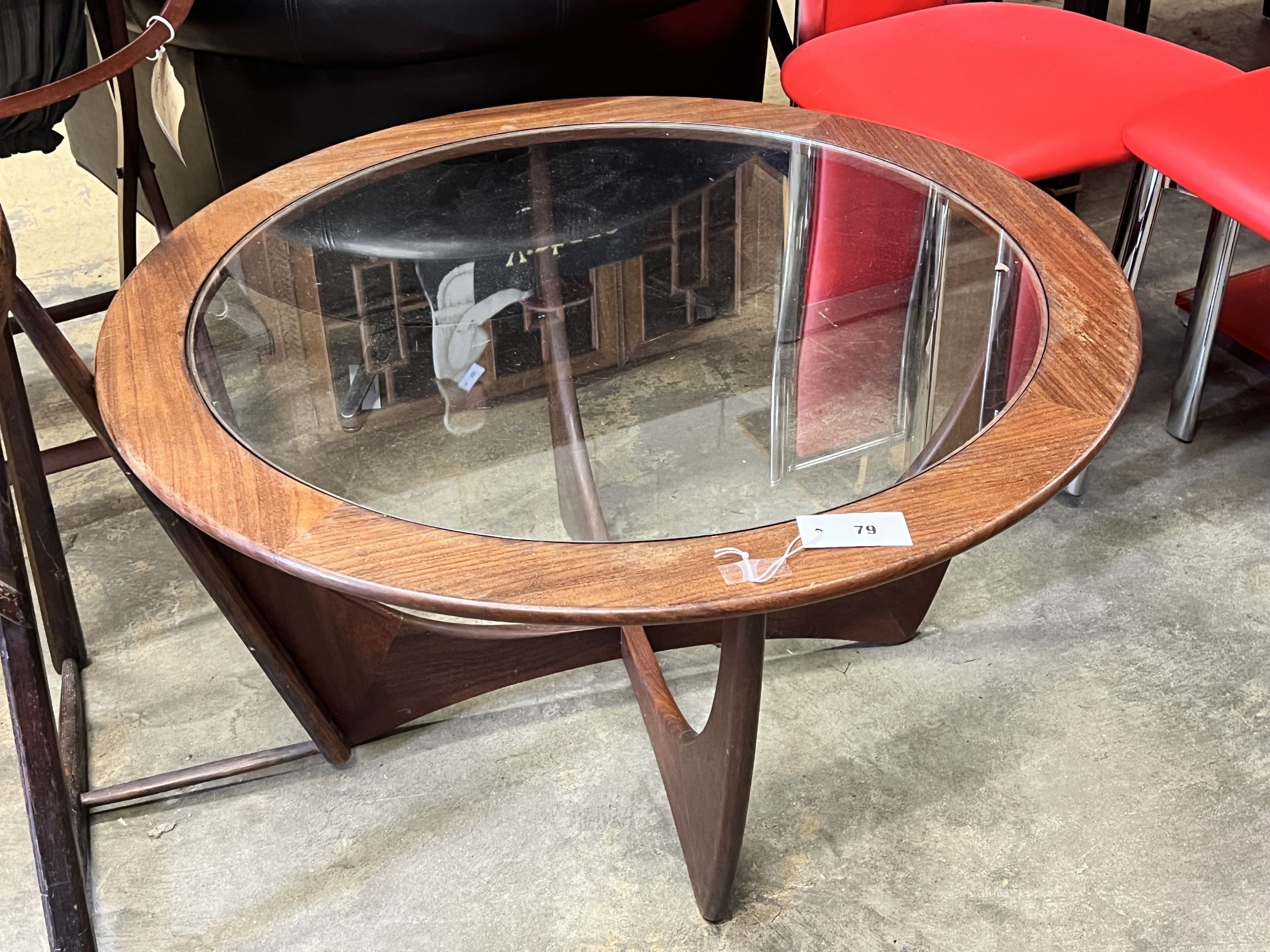 A circular G plan glass top teak coffee table, diameter 84cm height 46cm